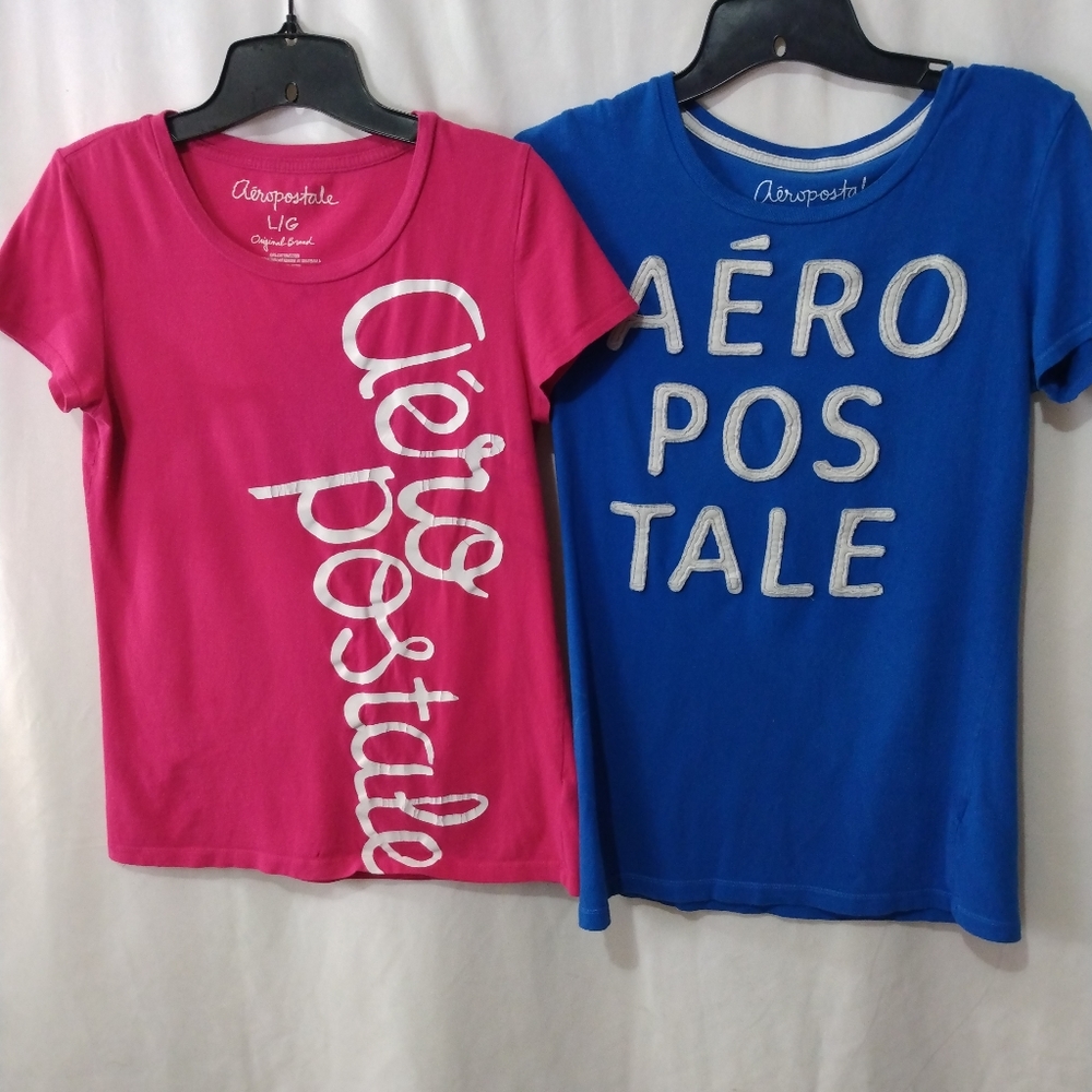 Aeropostale Original Brand Fushsia/White & Blue/White Tee Bundle